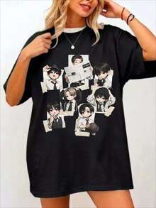 Ropa de mujer a la moda para todas las estaciones, con un estilo de anime Q en una camiseta blanca estampada y corbata, presentada como una camiseta estilo abanico con un collage de fotos en una pared de cinta - Negro - Ver 6