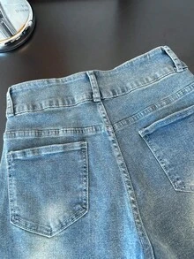 ALO FASHION Shorts vaqueros casuales y bonitos para mujer con decoración de malla metálica con diamantes, pierna recta, corte alto elástico, estilo fiesta. - azul real - Ver 2