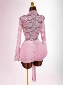 Blusa de encaje para mujer con vestido mini ajustado de tul rojo vintage con cordón en el bajo, estilo bohemio para fiesta - Rosa - Ver 9