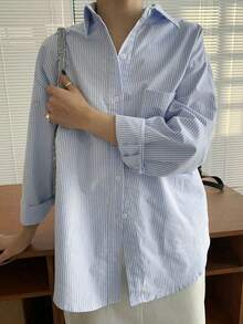 Camisa de manga larga con bolsillo y hombros caídos a rayas verticales, ropa de otoño - Azul y blanco - Ver 6