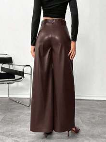 Pantalones de piel lisos con botón delantero, pantalones casuales minimalistas para mujer, para uso diario, prendas inferiores para mujer - Café integral - Ver 3
