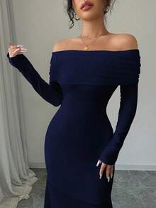 Vestido largo de punto acanalado con manga larga, cintura ceñida, hombros descubiertos, espalda descubierta, doblez de cola de pez, elegante y sexy, color blanco, para otoño/invierno, atuendo de mujer maxi - Azul marino - Ver 4