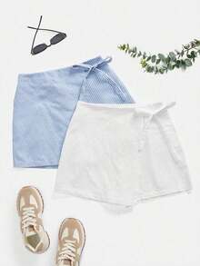Falda pantalón envolvente casual con lazo, de verano para mujer - Azul y blanco - Ver 6