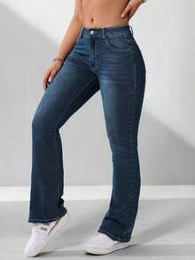 ICON Pantalones vaqueros de tiro bajo casuales y ajustados con pierna campana y efecto desgastado para mujer - Azul lavado oscuro 2 - Ver 3