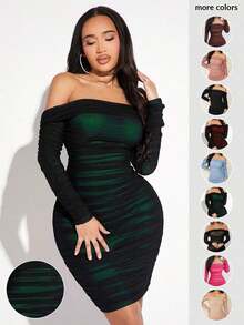 Vestido De Malla Entallado Con Hombros Descubiertos Con Pliegues - Verde Oscuro - Ver 8