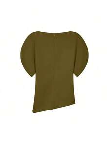 Blusa negra de mujer con cuello redondo, mangas de pétalos y bajo asimétrico, nueva y elegante para el verano - Verde Oliva - Ver 6