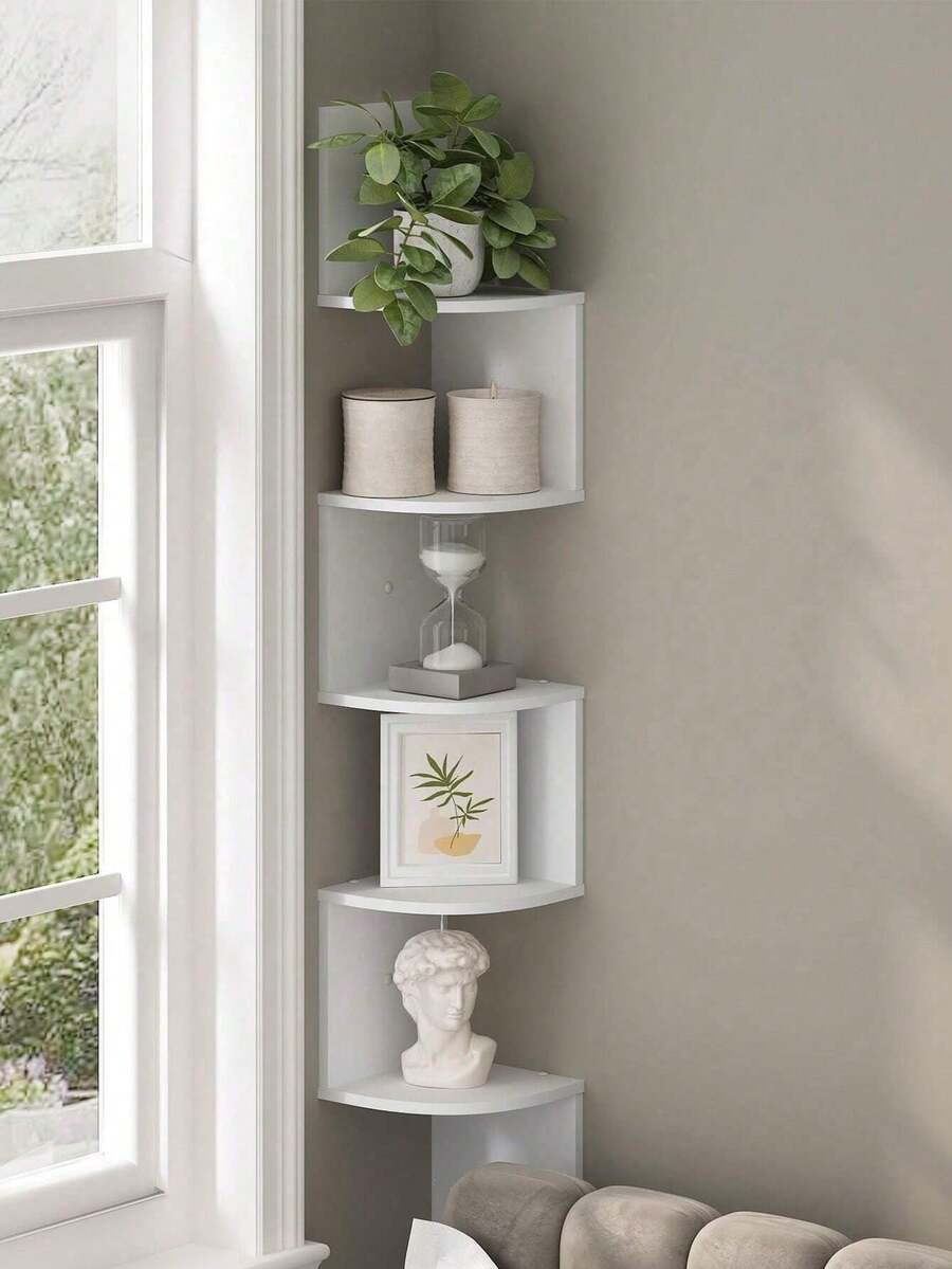 1pc Bookshelf Wall-Mounted Punch-Free Wall Hanging Storage Corner Cabinet Shelf Bedroom Corner Living Room Corner Shelf - White - View 1