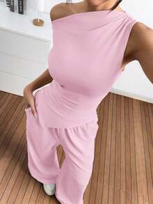 Set de 2 piezas de top y pantalones asimétricos de unicolor para mujer, casual y de uso diario - Rosa Pálido - Ver 3
