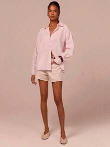 Camisa holgada de mujer de unicolor con botones delanteros, blusa de manga larga, camisa elegante para dama, camisa básica y versátil, camisa rosa, adecuada para el trabajo, uso diario, camisa de corte holgado, camisa del Día de San Valentín, camisa casual - Rosa Pálido - Ver 4