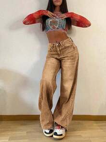 Jeans rectos holgados y apilados de estilo vintage para mujer, casuales para primavera - Marrón - Ver 1