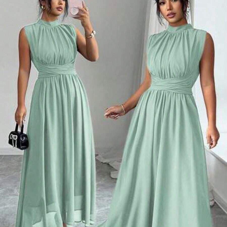 Elenzya Women's Spring/Summer French Romantic Sicily Elegant Casual Commute Vacation Afternoon Tea Party Solid Color Chiffon Stand Collar Loose Criss-Cross Tie Waist A-Line Bow Tie Sleeveless Lined Maxi Dress - verde menta - Ver 1