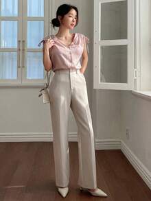 Pantalones casuales de mujer con bolsillo delantero liso, estilo casual de negocios, pantalones de vestir de mujer de talle bajo - Rosa - Ver 2