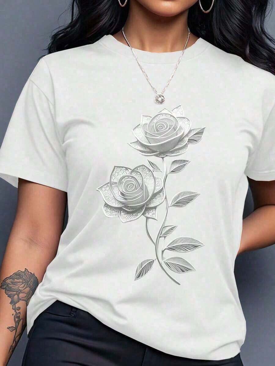 Women's Casual And Versatile Short-Sleeved T-Shirt With Cherry Print And Round Neck, Comfortable Summer Cotton Short-Sleeved T-Shirt For Men And Women - 灰色的 - 查看 1