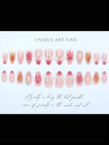 24 piezas de uñas postizas con forma de almendra, decoración de contraste de piedras diamante de imitación rosa y naranja, uñas de prensa reutilizables para el verano - Multicolor - Ver 2