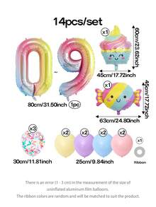 14pcs/Set 32 Inch Gradient Number 0-9 Balloons, Ice Cream Candy Birthday Decor, With 12 Inch Colorful Candy Print Transparent Balloons, 10 Inch Macaron Blue Purple Yellow Pink Latex Balloons, Beach Outdoor Baby Shower Summer Photo Props - View 2