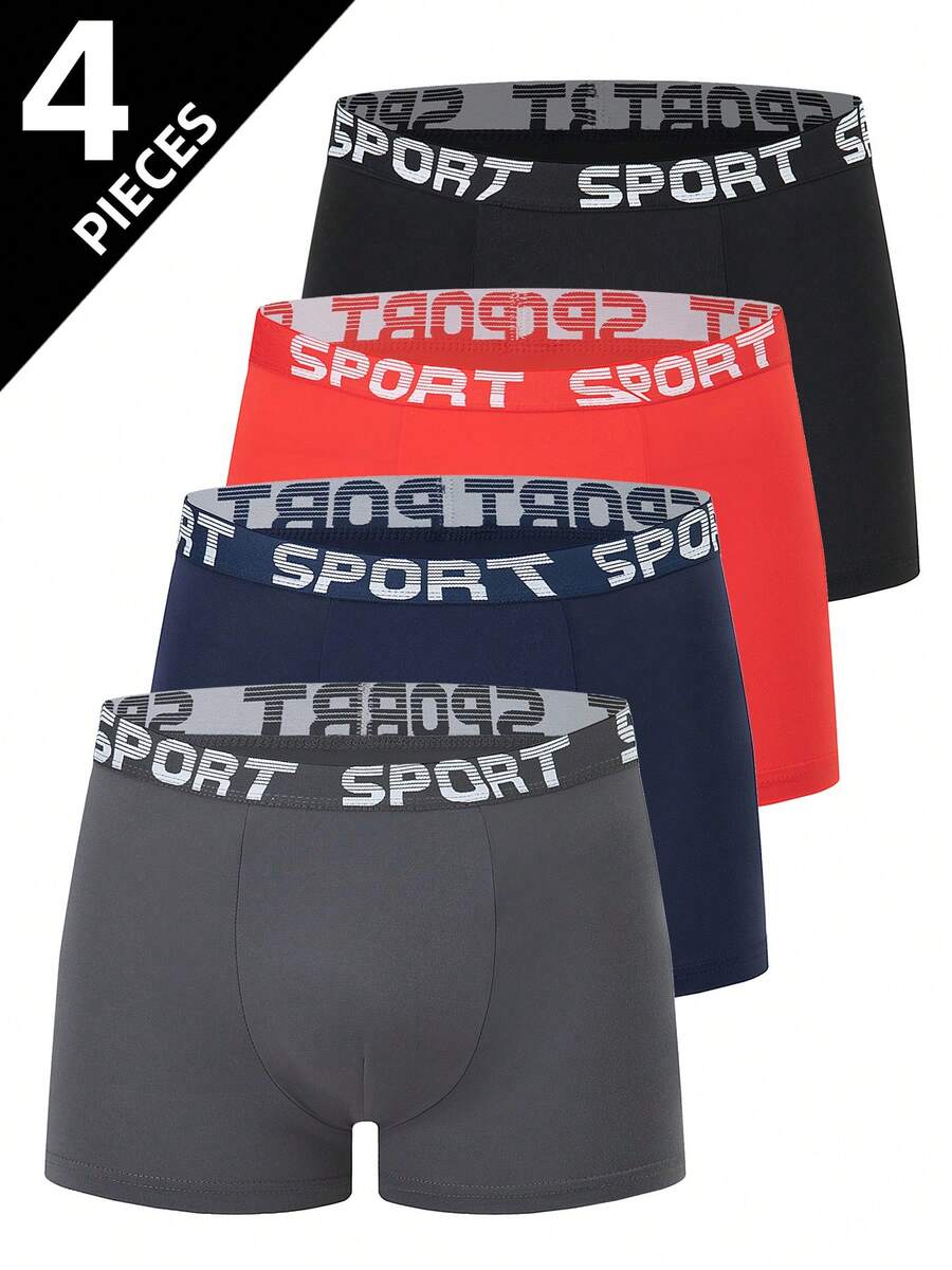4pcs Teen Boy Letter Waistband Boxer Briefs, Mid-Rise Trunks - Multicolor - View 1