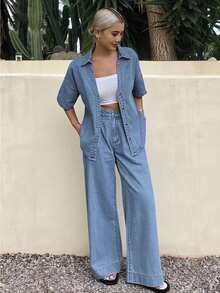 Conjunto de chaqueta de mezclilla de manga corta con botones delanteros y jeans de verano para mujer - Azul - Ver 5