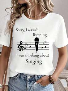 Camiseta 100% algodón con estampado "Thinking About Singing" para cantante de coro, profesor de música.Camisetas gráficas para mujer, tops de verano, camiseta de cuello redondo 100% algodón.Ropa de mujer, conjuntos para mujer, ropa de otoño para mujer, tops para mujer, camiseta blanca. - Blanco - Ver 6