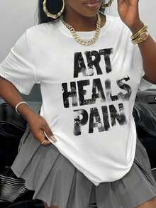 Fashion Printed T‑Shirts for Women, Oversized Streetwear Tops, Comfortable and Stylish All‑Match Summer TeesINAWLY Camiseta holgada de moda de mujer con cuello de tripulación, manga corta y estampado de letras, camiseta gráfica de verano para mujeres - Blanco - Ver 6