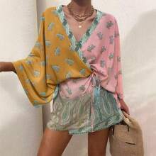 Bohemian All Over Print Sheer Satin Robe Mini Dress, Casual Flowy Design For Summer Travel & Beach Vacation - 花色 - 查看 2