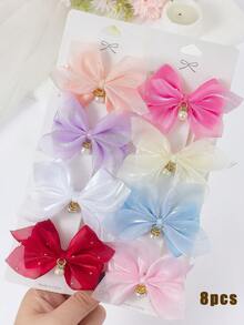 8pcs Candy Color Sweet Double-Layer Tulle Bow Hair Clips With Rhinestone & Pearl Pendant, Cute Girl Princess Hair Accessories For Daily Wear And Party - Multicolor - View 10