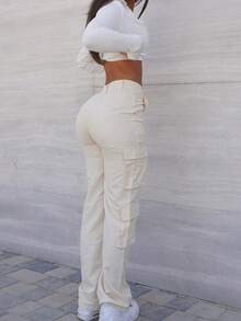 Pantalones cargo de mujer de unicolor versátil y casual con múltiples bolsillos, para primavera - Albaricoque - Ver 2