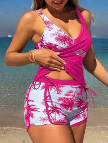 Women's Spring Vacation Swimsuit, Tropical Plant Print, Boy Style Shorts With Included Tank Top, Bikini - Fuchsia Pink - View 1