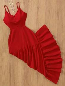 Vestido holgado de tejido suelto con espalda descubierta, deunicoloro y elegante, adecuado para fiestas, citas nocturnas, bodas, primavera/verano - Rojo - Ver 4