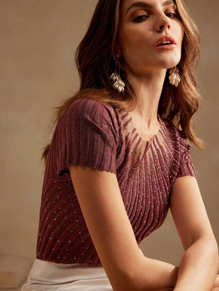 Blusa de punto semitransparente con decoración de strass y mangas cortas elegante para mujer - Marrón Chocolate - Ver 1