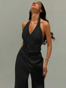Top sin mangas con cuello en V y espalda abierta para mujer de oficina en primavera/verano y pantalones anchos de pierna, conjunto de estilismo adelgazante y alargador para ropa casual - Negro - Ver 8