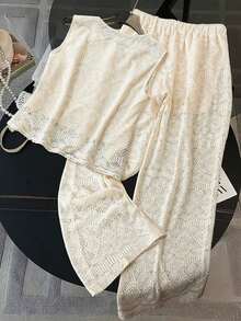 2 piezas Nuevos pantalones sueltos de punto calado de mujer para primavera/verano, conjunto casual para vacaciones en la playa (Patrón cortado al azar) - Albaricoque - Ver 2