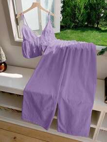 2 piezas de top de tirantes y pantalones de lino de verano para mujeres - Morado - Ver 6