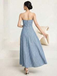 Vestido largo elegante sin tirantes con cremallera en la espalda a rayas para mujer, uso diario casual - Azul marino - Ver 2