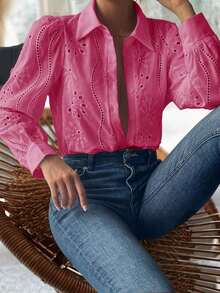 Blusa blanca de mujer, blusa blanca de manga larga con empuñadura de unicolor bordada, adecuada para uso diario, viajes, Día de la Madre, cumpleaños y fiestas en la playa - Rosa Fucsia - Ver 5