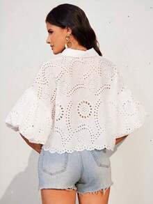 Aveloria Frievida Camisa sencilla y de moda con mangas abullonadas, bordado calado y estilo bohemio - Blanco - Ver 2