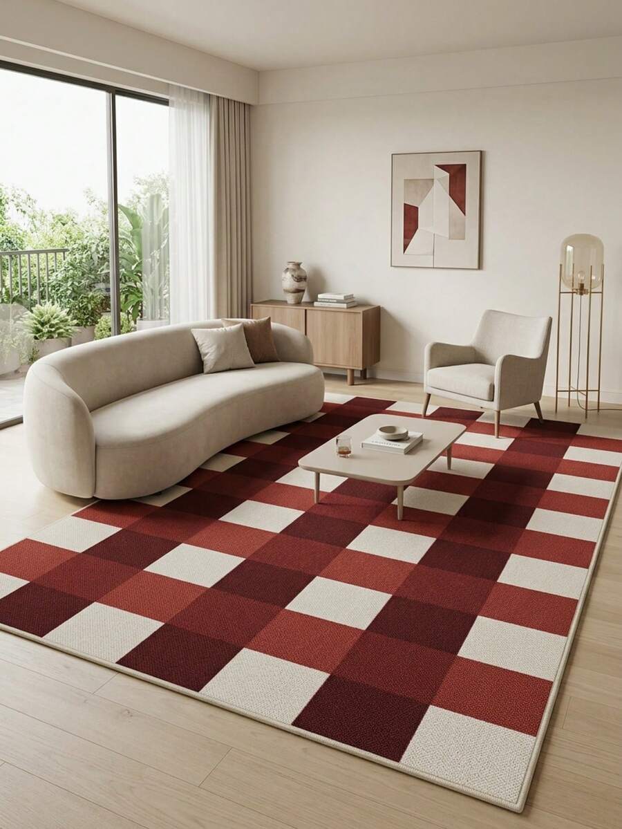 1pc Rug, Carpet, Area Rug, Doormat, Runner, Nordic Modern Minimalist Plaid - Red & White Simple Geometric Checkered - Household Area Carpet, Bathroom, Kitchen, Entryway, Hallway, Bedside, Living Room, Bedroom, All Season Machine Washable Carpet Mat, Home Decor - Multicolor - View 1