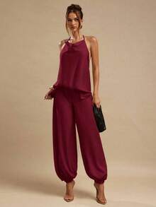 Women's Satin Palazzo Pants, Elegant Loose-Fitting Ginger Yellow Trousers, Suitable For Going Out, Brunch, Summer, Weddings, Honeymoon, Beach Vacation - 波爾多 - 查看 12