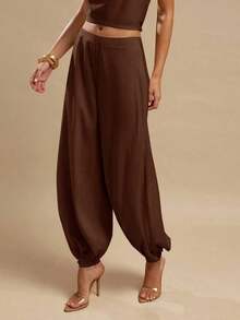 Women's Satin Palazzo Pants, Elegant Loose-Fitting Ginger Yellow Trousers, Suitable For Going Out, Brunch, Summer, Weddings, Honeymoon, Beach Vacation - 全穀類咖啡 - 查看 5
