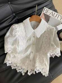 Blusa de manga corta con burbujas y encaje en contraste, diseño elegante y juvenil para mujer en verano - Blanco - Ver 1