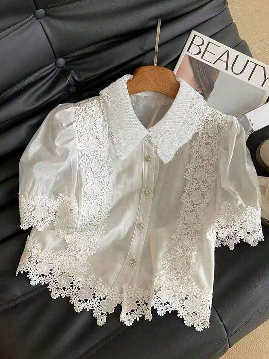 Blusa de manga corta con burbujas y encaje en contraste, diseño elegante y juvenil para mujer en verano - Blanco - Ver 1