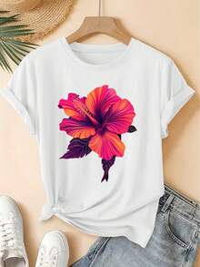 Camiseta Vintage para Mujer con Estampado de Hibisco Degradado Neón - Blusa Suave de Manga Corta - Top Compatible |   Blusa Casual de Cuello Redondo para Primavera, Verano y Otoño, para el Trabajo Diario y Conjuntos Juveniles - Blanco - Ver 1