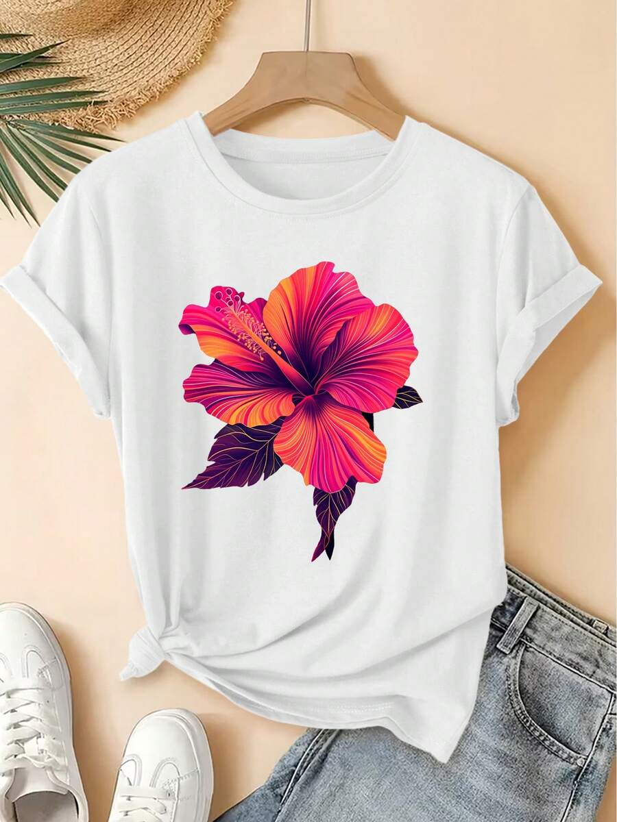 Camiseta Vintage para Mujer con Estampado de Hibisco Degradado Neón - Blusa Suave de Manga Corta - Top Compatible | Blusa Casual de Cuello Redondo para Primavera, Verano y Otoño, para el Trabajo Diario y Conjuntos Juveniles - Blanco - Ver 1