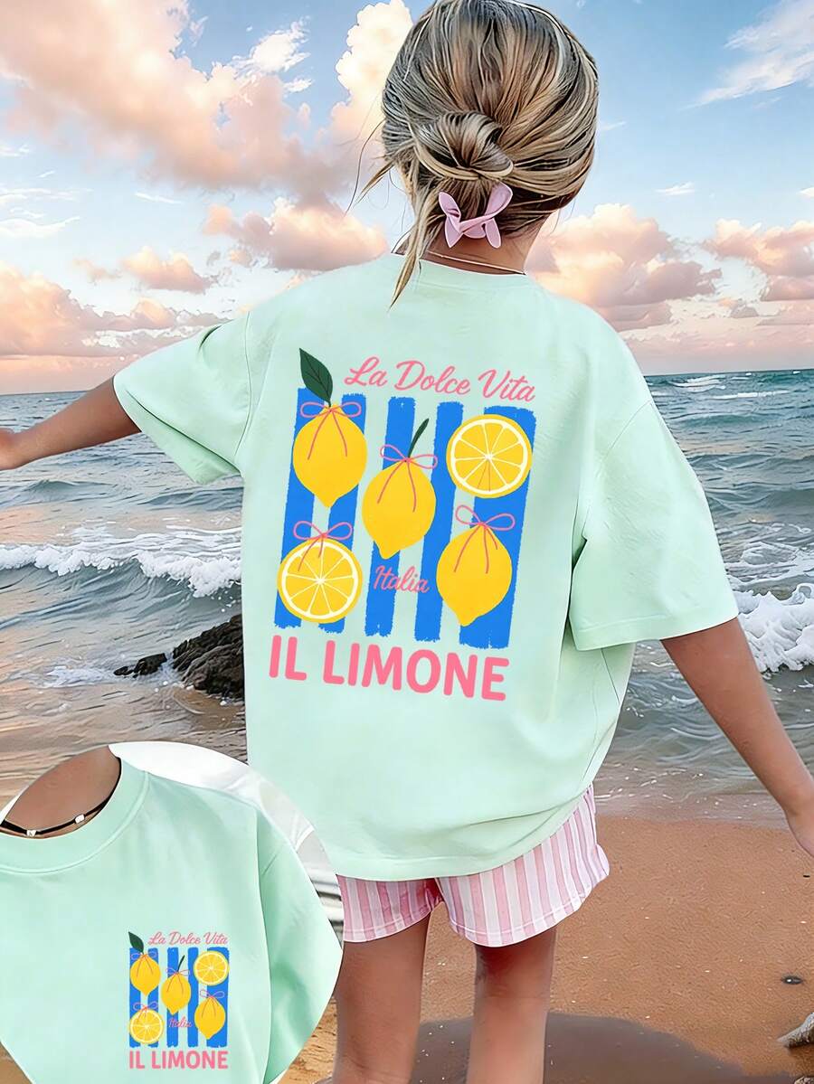 Camiseta de manga corta con cuello redondo y estampado divertido para niñas preadolescentes, top de verano - verde menta - Ver 1
