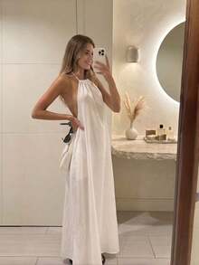 Vestido de línea A con tirantes finos y cordones de encaje elegante blanco de tela de lino para mujer - Blanco - Ver 2