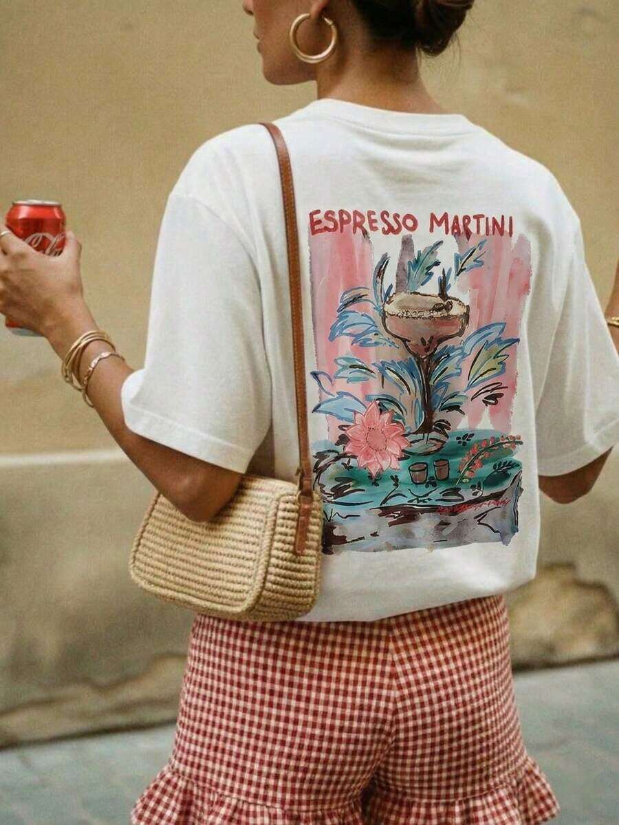 T-shirts Women's Letter Promoción de nuevo lanzamiento Funny T-shirts Minimalist Print T-shirts Oferta limitada en tiempo limitado Camiseta de mujer "Watercolor" Espresso Martini, de ajuste regular, con estética gráfica de cóctel, cómoda camiseta de manga corta de verano italiano, cuello redondo único, estilo retro de foodie casual estilo Pinterest, color blanco CQTP - Blanco - Ver 1