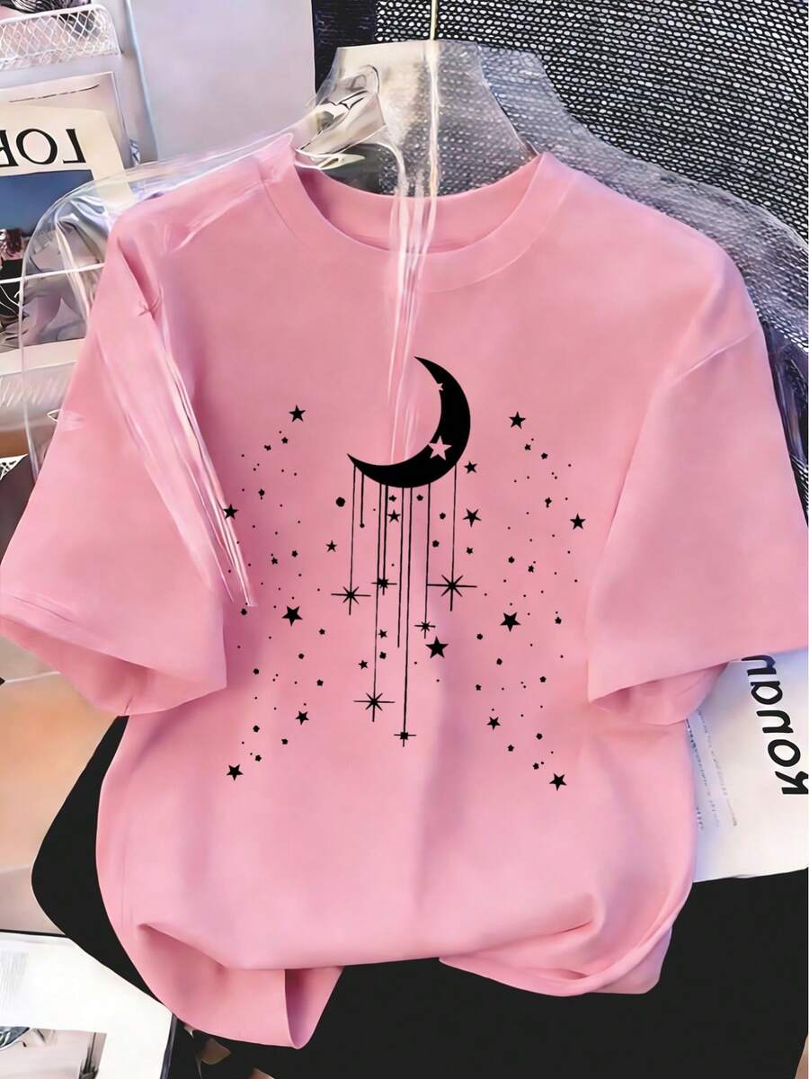 Camiseta manga corta cuello redondo 100% algodón, estampado trendy, tejido ligero y ventilado, estilo moda casual, apta para vida diaria, salidas informales y citas en primavera, verano y otoño - rosa - Ver 1