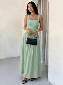 Vestido evasé de unicolor marrón café con cuello cuadrado elegante para mujer, primavera/verano - verde menta - Ver 1