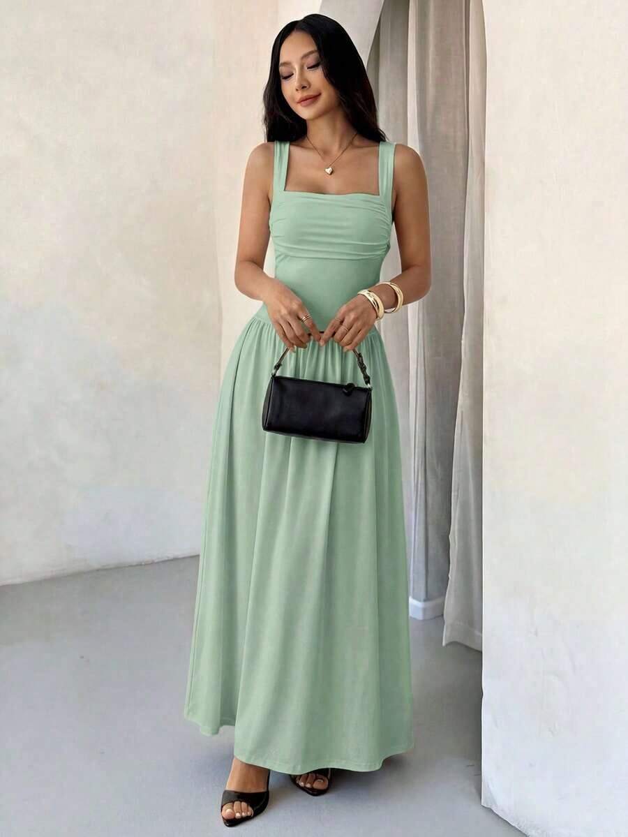 Vestido evasé de unicolor marrón café con cuello cuadrado elegante para mujer, primavera/verano - verde menta - Ver 1