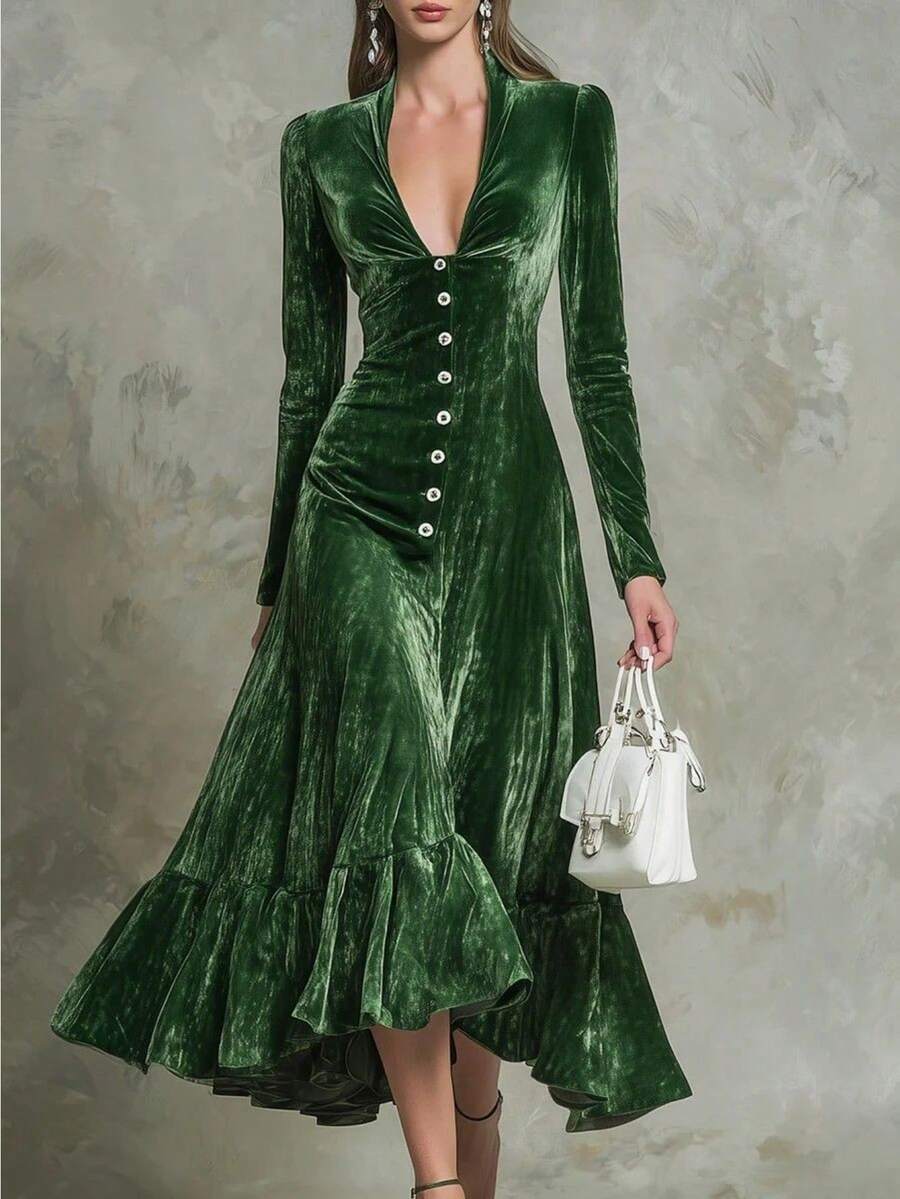 Vestido largo mujer unicolor elegante, cuello solapa botones manga larga cintura ceñida - Verde - Ver 1