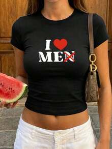 Playera blanca ombliguera para mujer cuello redondo manga corta, estampado de corazones y letras estilo juvenil, corte ajustado muy bonito para verano, look casual súper de moda, perfecta para usar todos los días y salir con amigas BG9G - Negro - Ver 4